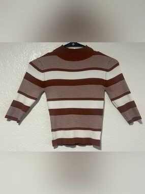 The Slope, Brooklyn NY- Striped Brown & Cream Ribbed Turtleneck Sweater